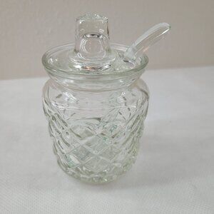 Vintage Condiment Jar Lidded with Glass Spoon Diamond Cut Marmalade Jelly Sugar